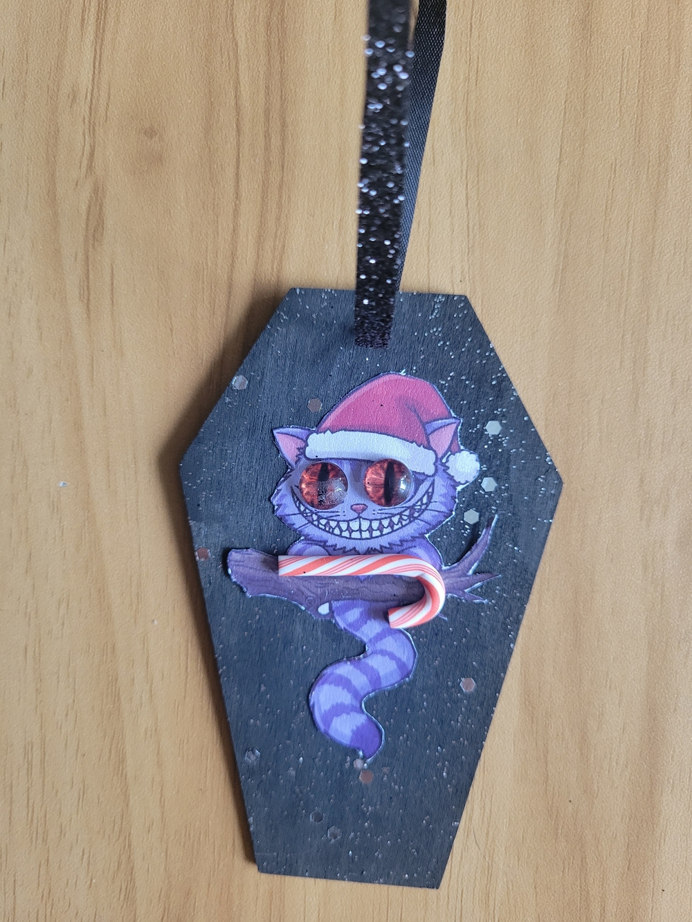 🧋NEW🧋Hand Crafted Purple Cat Santa Ornament with Red & White Candy Cane